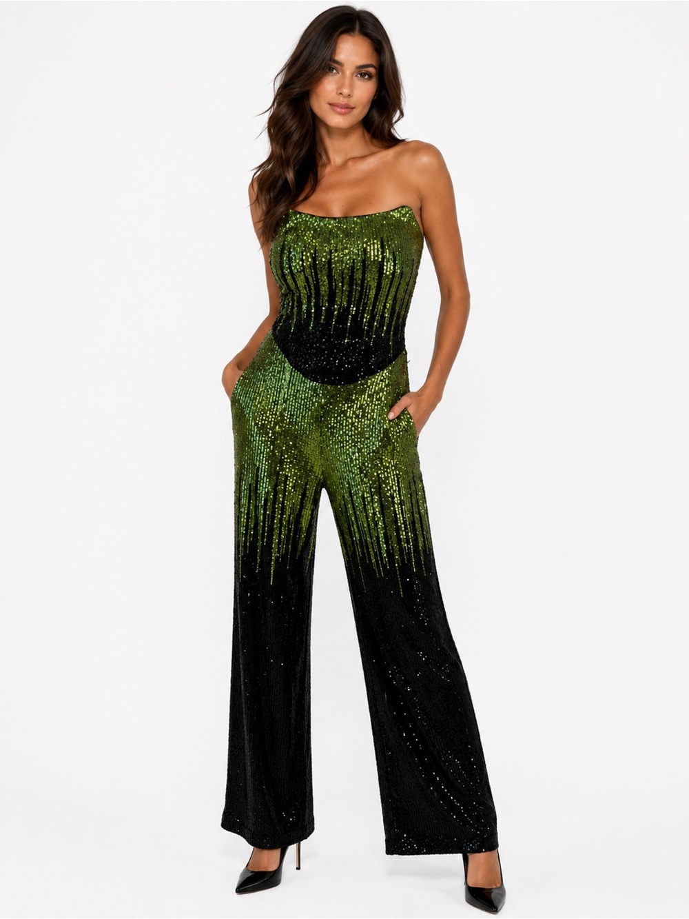 AKIRA Green Sequin Two-Piece Set – Corset Top & Wide Leg Pants ✨💚